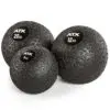 Three black ATX® Slam Balls, featuring white logos and weights of 4 kg, 12 kg, and 20 kg from left to right, with a textured pattern for enhanced grip.