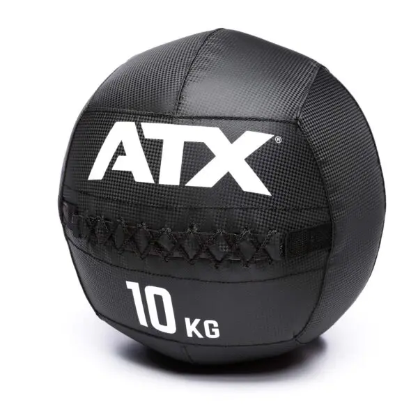 A black ATX® Wall Balls PVC medicine ball with a textured surface, featuring the brand name ATX in white and marked 10 KG for its weight.