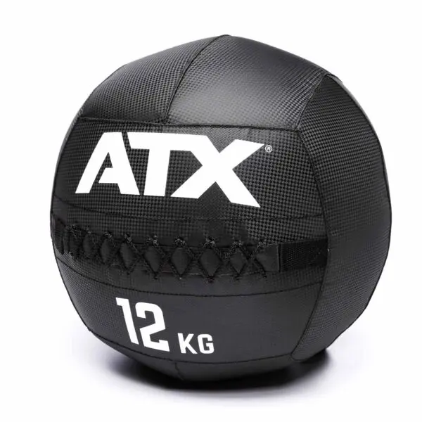 A black ATX® Wall Ball made of textured PVC, featuring ATX and 12 KG in white lettering.