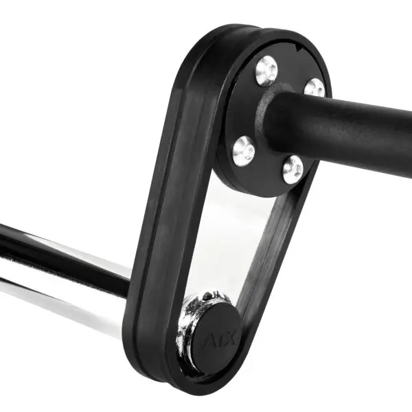 Close-up of a black and silver home gym pulley attachment with a sleek, modern design, akin to a front squat bar. The image highlights the angular shape and shiny parts of the equipment, emphasizing its robust functionality for an intense workout.