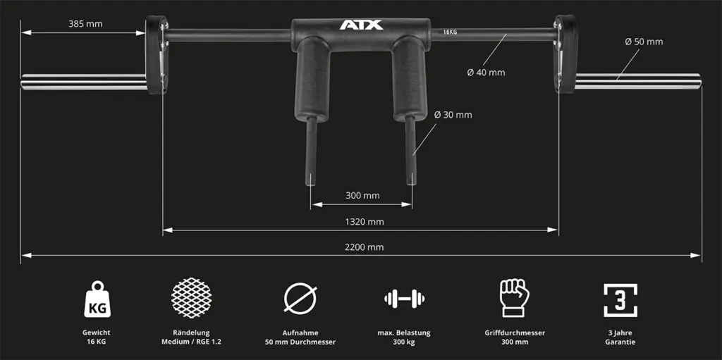 An ATX squat bar with handles features detailed specifications including dimensions and grip sizes. Measurements include a total width of 2200 mm, grip width of 300 mm, and handle diameters of 30 mm, 40 mm, and 50 mm, making it ideal for various workouts.