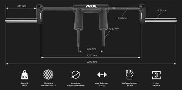 An ATX squat bar with handles features detailed specifications including dimensions and grip sizes. Measurements include a total width of 2200 mm, grip width of 300 mm, and handle diameters of 30 mm, 40 mm, and 50 mm, making it ideal for various workouts.