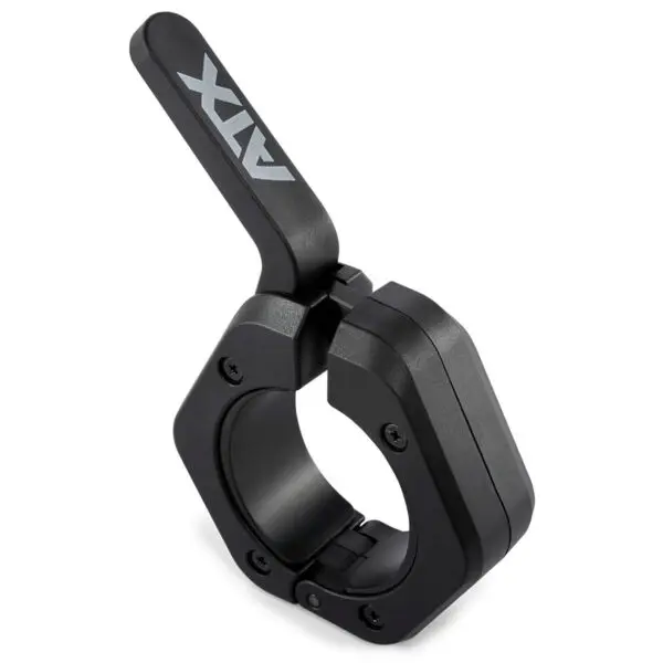 Close-up of a black ATX® Magnetic Collar 50mm made from durable aluminum with a locking lever, perfect for securely holding weight plates during gym or fitness sessions.