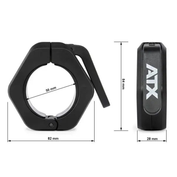 A black ATX® Magnetic Collar 50mm barbell collar is shown from two angles: left side displaying a width of 82 mm and an internal diameter of 50 mm, right side showing a height of 84 mm and thickness of 28 mm.