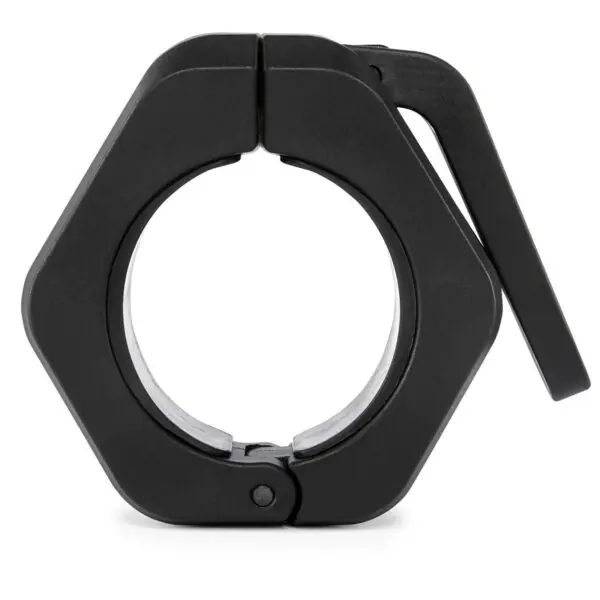 Close-up of the ATX® Magnetic Collar 50mm, a sleek black hexagonal-shaped barbell collar made from durable aluminum, featuring a lever lock mechanism to securely fasten weight plates onto any barbell.