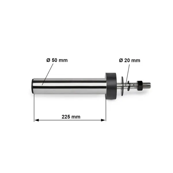 Image of a cylindrical metal rod with a larger diameter of 50 mm, a smaller section with a 20 mm diameter, and an overall length of 225 mm. It features an attached spring and threaded end, against a plain white background.