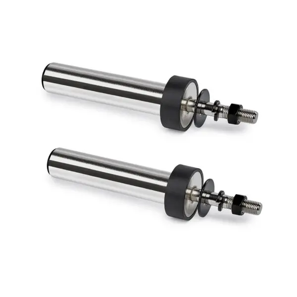 Two shiny metal cylindrical objects with a black rubber-like section on top and a threaded rod with washers extending from the side. They appear to be precision industrial components placed on a white background.