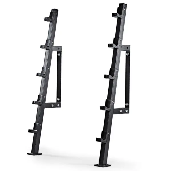 A black Wall Mounted Barbell Rack with multiple hooks for adjusting barbell height is shown. It features a sturdy metal construction, ideal for weightlifting, and is positioned at an angle against a plain white background.