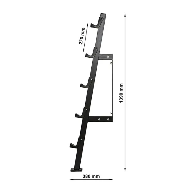 Side view of a black Wall Mounted Barbell Rack with five hooks, measuring 1390 mm in height, 270 mm in depth, and 380 mm in width.