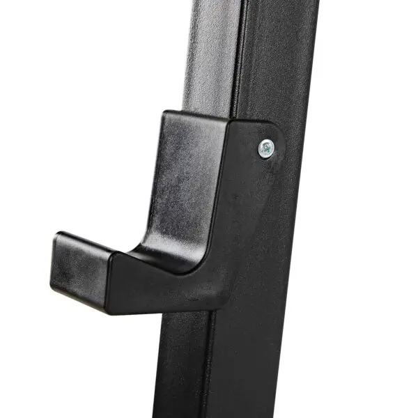 Close-up of a Wall Mounted Barbell Rack, featuring a black metal support bracket bolted to a vertical structure for secure item holding.