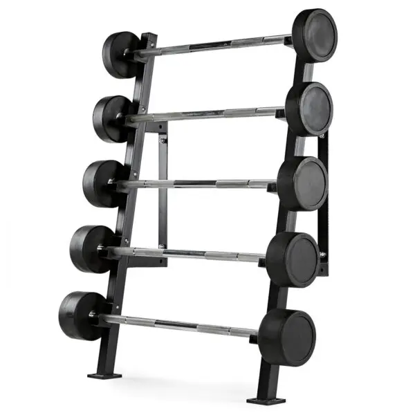 A Wall Mounted Barbell Rack neatly organizes six black dumbbells on three vertical shelves, ideal for a fitness setting.