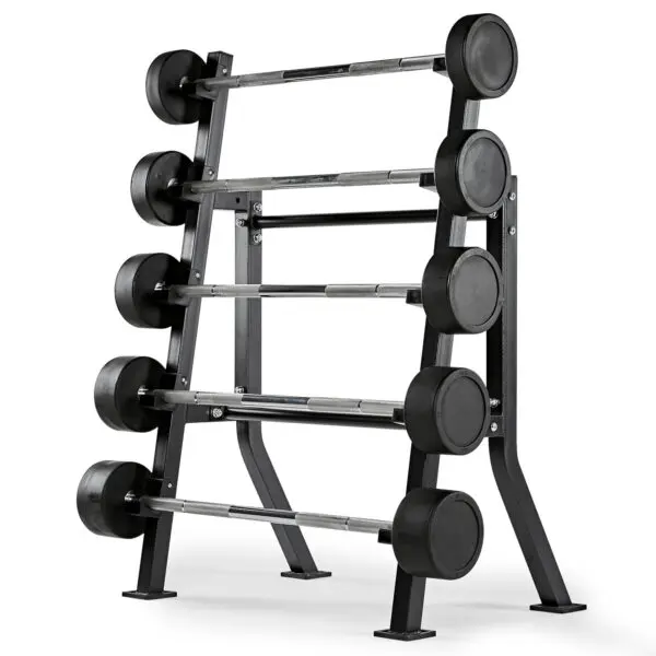 A Barbell Rack Single Side organizes fixed-weight barbells on five black metal shelves, with each shelf neatly stacking and easily accessible at different weights.