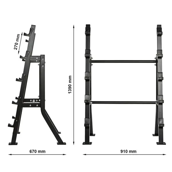 The Barbell Rack Single Side is black and adjustable, with side and front views showing these measurements: 270 mm depth, 670 mm length, 910 mm width, and 1390 mm height. It features multiple hooks for holding weights.