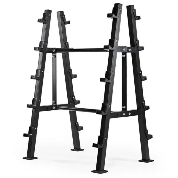 The Barbell Rack Double Side is a black, metal A-frame with multiple pegs for weight plates. Its sturdy design has angled legs and a reinforced central bar, perfect for organizing gym equipment.