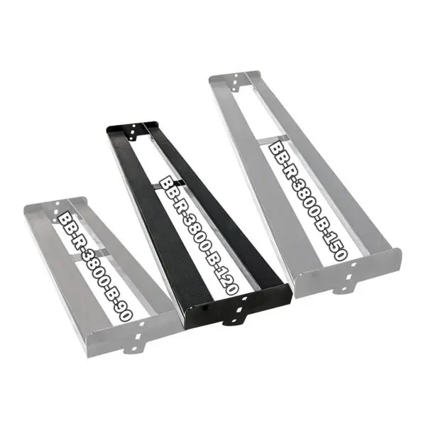 Three metal mounting brackets are shown in a staggered arrangement. Each bracket is labeled with text: BBR-300B-B-90, BBR-300B-B-120, and BBR-300B-B-150. The brackets vary in size and feature slots for mounting.