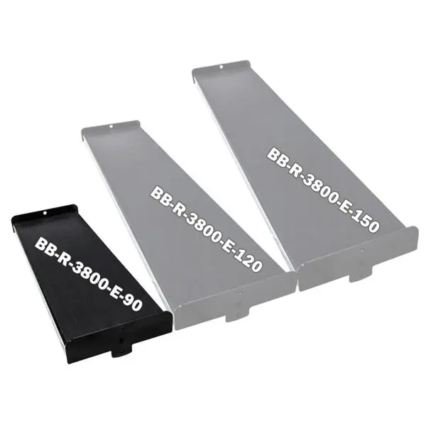 Three metal ramp extensions of varying lengths, labeled BB-R-3800-E-90, BB-R-3800-E-120, and BB-R-3800-E-150. Each ramp is shown in a nested layout, with the smallest on the left and largest on the right.