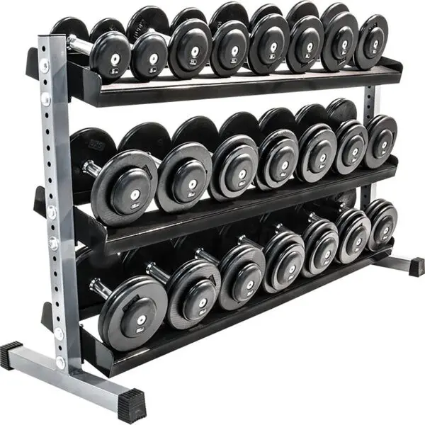 A set of black dumbbells on a three-tier metal Build Your Storage Rack, with each tier holding multiple pairs by size, featuring a stable rectangular base.