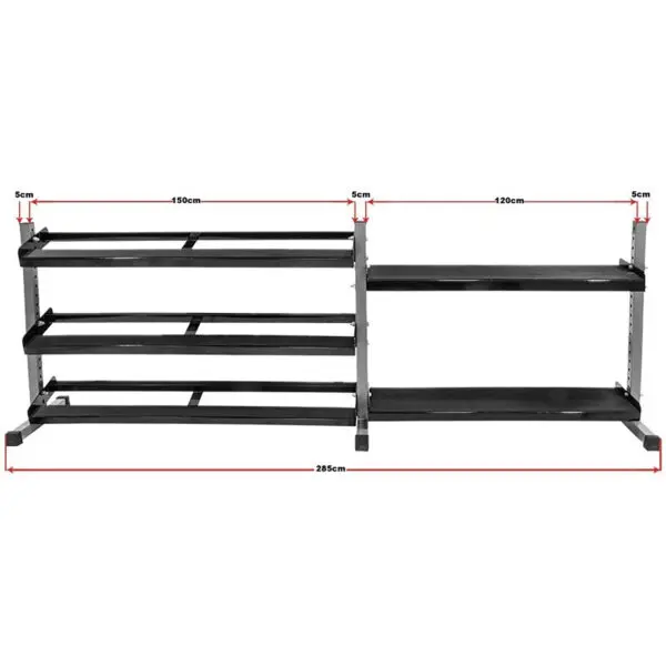 The Build Your Storage Rack - Modular Storage System is a black metal unit with labeled dimensions, consisting of a left section with three shelves and a 150cm width, and a right section with two shelves and a 120cm width. Overall height and depth are marked as 5cm.