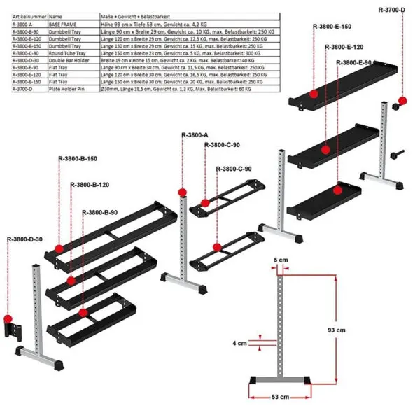 Illustration of the Build Your Storage Rack - Modular Storage System with labeled components: a base frame, multiple dumbbell levels, extension options, and provided dimensions for assembly and customization.