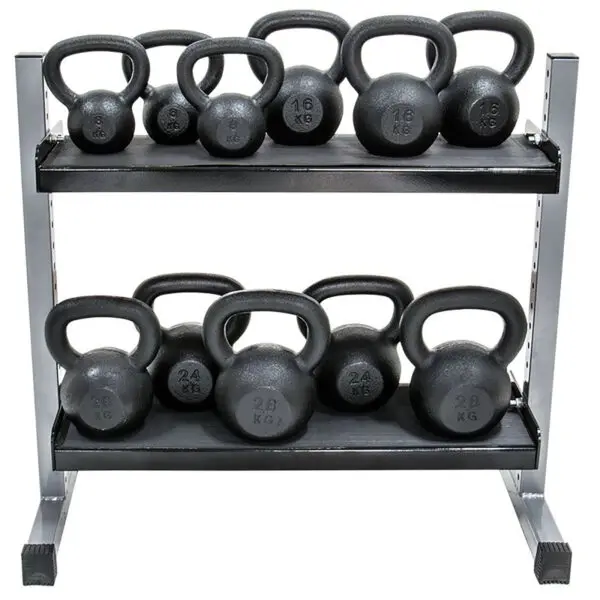 The Build Your Storage Rack features a two-tier metal system showcasing five black kettlebells on each shelf. These kettlebells range from 12 kg to 28 kg and are organized by size, all set against a white background.