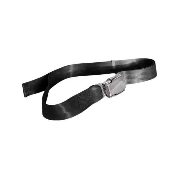 The GymPin Seat Belt Buckle, featuring a black strap and silver buckle, is partially looped and lies flat against a white background.