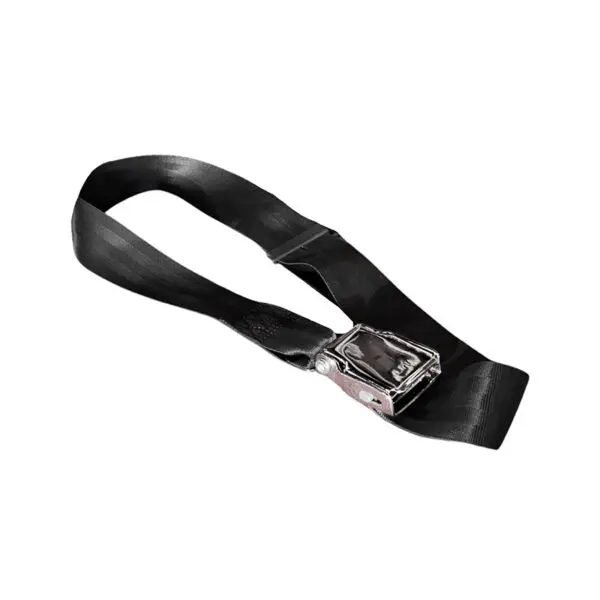The GymPin Seat Belt Buckle is shown on a white background, featuring a black strap with a silver clasp. The belt is neatly arranged with the clasp open and laid flat.