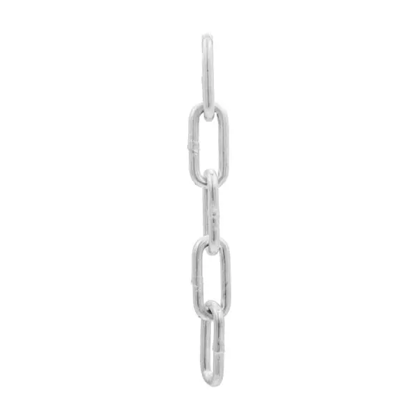 The Chain Length features a sleek carabiner clip, with its vertical silver metal links interlocking elegantly, set against a plain white background to enhance its modern appeal.