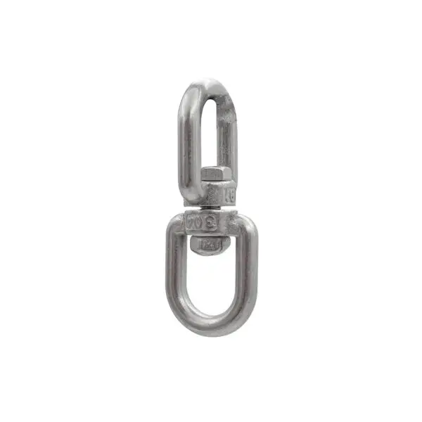 The 6mm Swivel Connector is a metal hook with a silver finish, featuring a rotating joint for flexibility. Ideal for chains or ropes, it appears sturdy and designed for heavy-duty use against a plain white background.