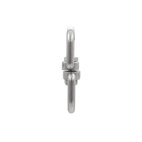 A symmetrical arrangement of two shiny metal components vertically aligned and connected by a central piece, showcasing the 6mm Swivel Connector against a plain white background.
