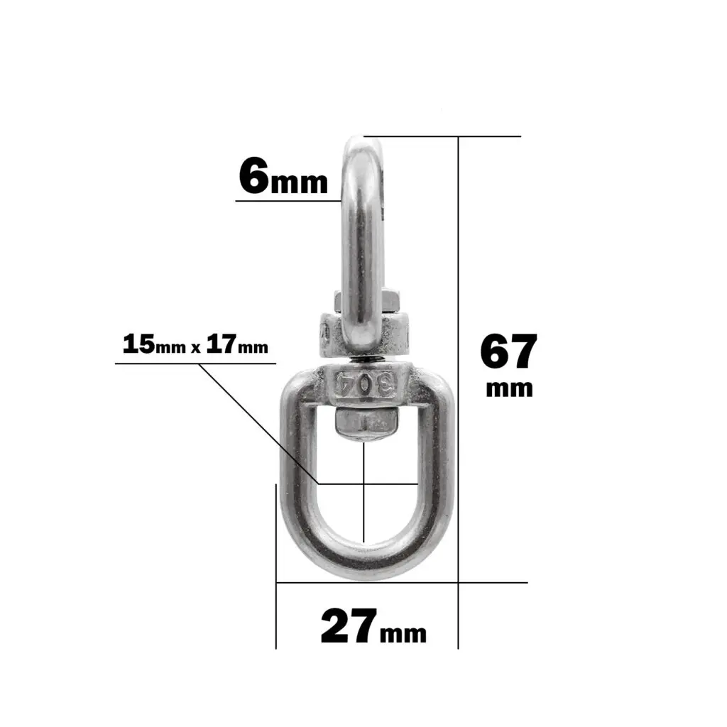 Image of a metal Swivel Connector, measuring 27mm wide, 67mm tall, and 6mm thick. Features a section sized 15mm x 17mm.