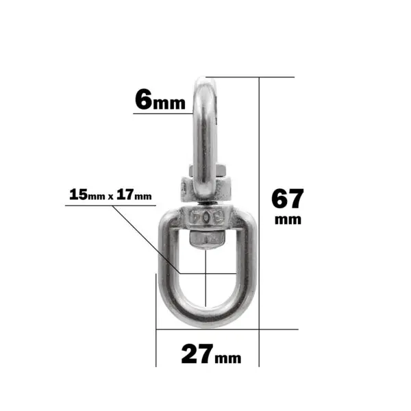 Image of a metal Swivel Connector, measuring 27mm wide, 67mm tall, and 6mm thick. Features a section sized 15mm x 17mm.