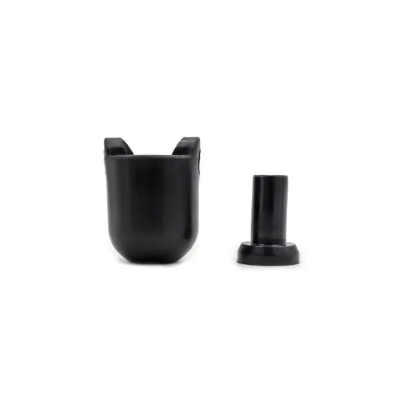 Against a white background, the Gym Cable 6948 Connector set includes a black cylindrical plastic piece with an open top and a smaller cylindrical component with a flat base.