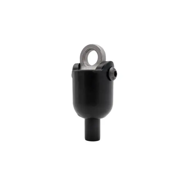 The Gym Cable 6948 Connector is a black cylindrical metal component featuring a silver looped end, a small side screw, and a tapering base.