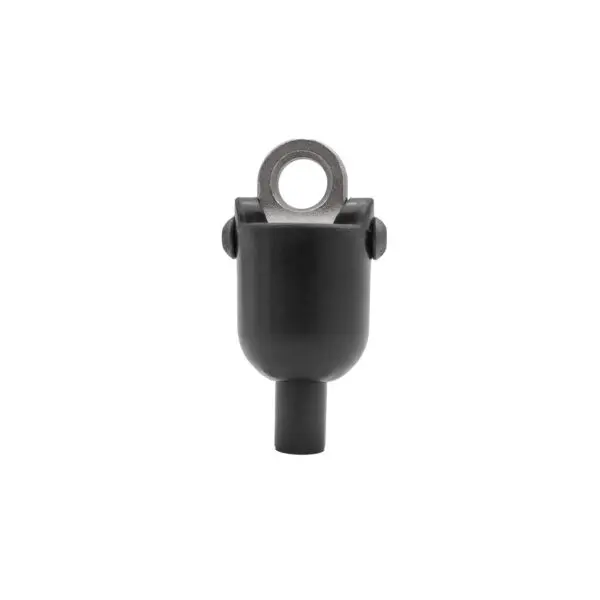 The Gym Cable 6948 Connector is a black metal cylinder featuring a hollow circular opening at the top, with a narrow stem below. It includes a loop-like extension at the top and two side protrusions, all set against a white background.