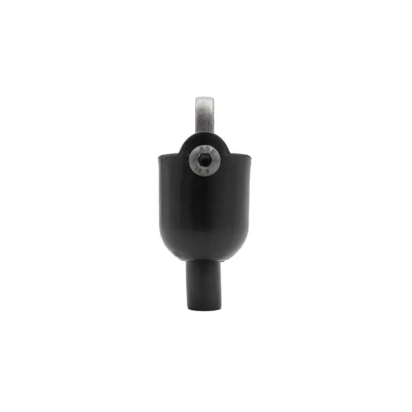 The Gym Cable 6948 Connector is a black, cylindrical device with a hollow body and a curved handle featuring an attached metal element marked 509 with a visible screw. It also includes a protruding nozzle at the bottom.