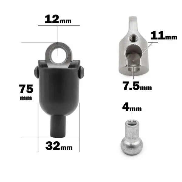 Image of Gym Cable 6948 Connector components: Left is a black part, 75mm height, 12mm top width, and 32mm bottom width; top right shows a silver part with 11mm depth and 7.5mm width; bottom right features a small silver piece, 4mm diameter.