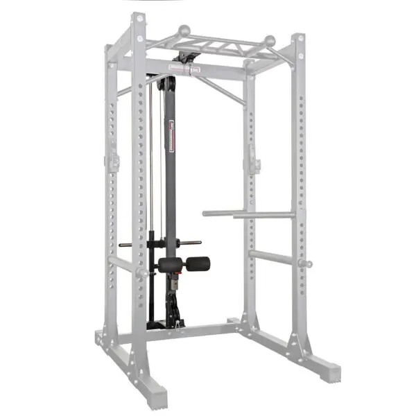 The Barbarian Lat Tower Option Plate Loaded is a metal power rack for weightlifting, featuring adjustable safety bars, dip handles, an overhead pull-up bar, and an attached pulley system for various exercises. Made of sturdy steel.