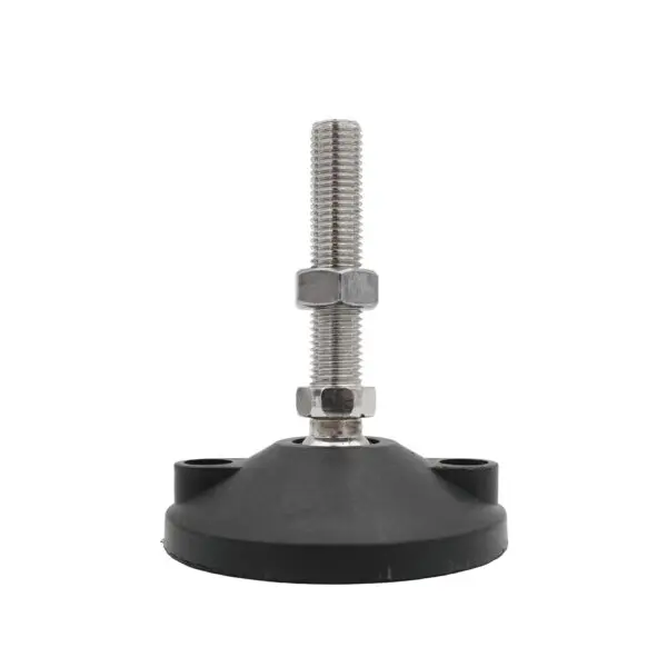 The Treadmill Leveller D100-M16*80 features a metal bolt and nut assembly on a black circular rubber or plastic base. The bolt rises vertically from the center, with the nut fitted securely. The flat bottom of the base includes two visible screw holes for secure mounting.