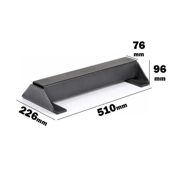 The image shows an Ironmaster Calf Block, a black rectangular metal object with dimensions: length 510mm, width 76mm, height 96mm, and a base width of 226mm. It resembles a structural support bracket or beam in its sturdy design and purpose.
