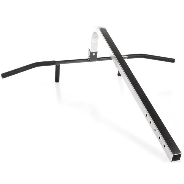 The Ironmaster Chin Up Attachment is a black pull-up bar featuring padded grips and a long metal mounting bracket, shown on a white background. It includes multiple holes for adjustable installation.