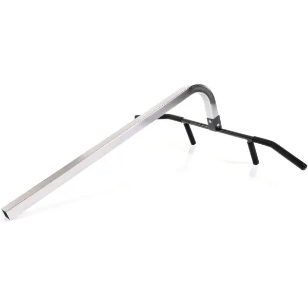 The Ironmaster Chin Up Attachment has an angular frame with horizontal support bars, a sleek and minimalist design. It features two angular legs and a central bar for stability, free-standing on a plain white background.