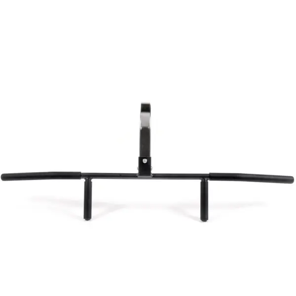 The Ironmaster Chin Up Attachment is a black bar designed for strength training, featuring two horizontal and two vertical grips. Its mounted for home gym use, shown against a plain white background.