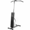 The Ironmaster Chin Up Attachment is a vertical gym machine for upper body workouts, equipped with a padded backrest, top handlebars, and a stable base. It features a metallic frame with a sleek design and adjustable height settings.