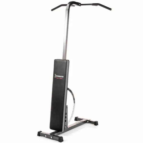 The Ironmaster Chin Up Attachment is a vertical gym machine for upper body workouts, equipped with a padded backrest, top handlebars, and a stable base. It features a metallic frame with a sleek design and adjustable height settings.