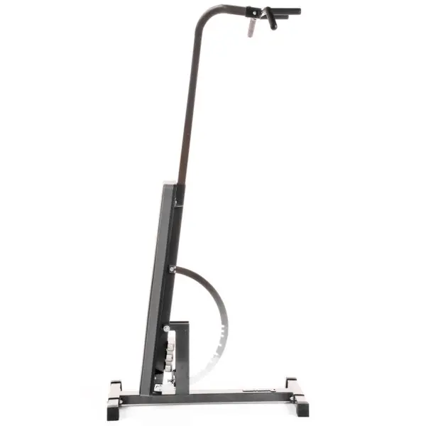 The Ironmaster Chin Up Attachment is a black vertical exercise machine featuring a curved frame and a handlebar at the top. Its wide base ensures stability, making it ideal for arm, leg, or full-body workouts.