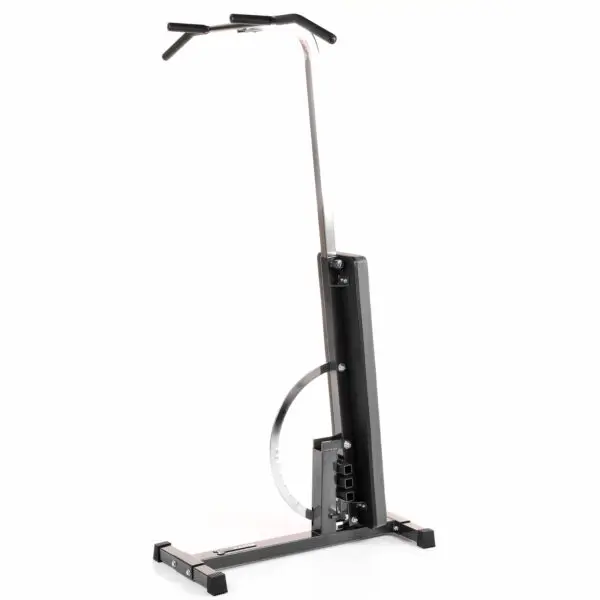 The Ironmaster Chin Up Attachment is a black vertical climbing exercise machine with top handles, a central frame, and a stable base. Its designed for home fitness, replicating the action of climbing.