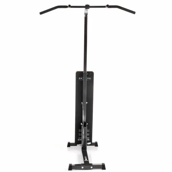 The Ironmaster Chin Up Attachment features a black and silver design with top-positioned handlebars and a sturdy, low-profile base. Its minimalistic, functional design pairs perfectly with its secure footrests for an optimal workout experience.