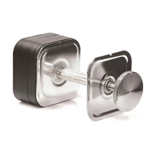 The Ironmaster Quick-Lock Adjustable Dumbbells feature a metallic square design with grip handles and easy-to-use weight adjustment. Their versatile build supports multiple configurations, perfect for diverse workouts.