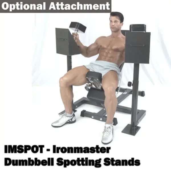 A person sits shirtless on an Ironmaster Super Weights Bench, holding a dumbbell and wearing shorts and athletic shoes to showcase its versatility. Text at the bottom reads Ironmaster Super Weights Bench.