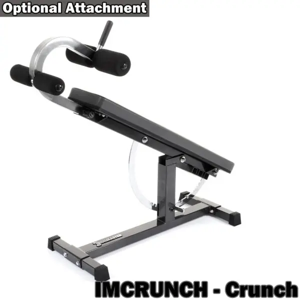 The Ironmaster Super Weights Bench is an adjustable black exercise bench with padded handles and leg supports, ideal for abdominal crunches. Labeled Optional Attachment and IMCRUNCH - Crunch, its perfect for a comprehensive workout experience.